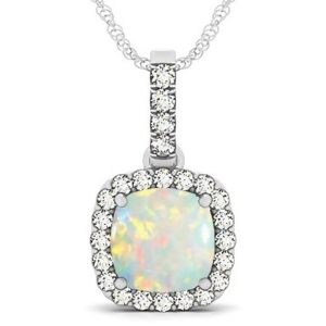 Opal and Diamond Halo Cushion Pendant Necklace 14k White Gold 4.05ct - All