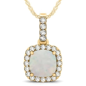 Opal and Diamond Halo Cushion Pendant Necklace 14k Yellow Gold 4.05ct - All