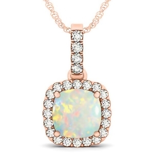 Opal and Diamond Halo Cushion Pendant Necklace 14k Rose Gold 4.05ct - All