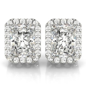 Emerald Cut Diamond Halo Earrings 14k White Gold 2.42ct - All
