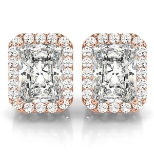 Emerald Cut Diamond Halo Earrings 14k Rose Gold 2.42ct - All