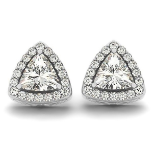 Trilliant Cut Diamond Halo Earrings 14k White Gold 1.07ct - All