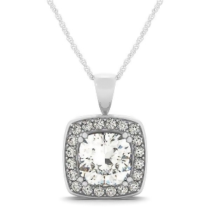 Diamond Halo Cushion Pendant Necklace 14k White Gold 1.48ct - All