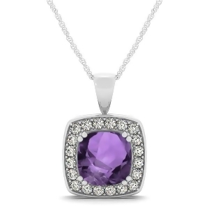 Amethyst and Diamond Halo Cushion Pendant Necklace 14k White Gold 1.65ct - All