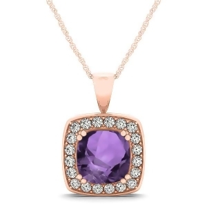 Amethyst and Diamond Halo Cushion Pendant Necklace 14k Rose Gold 1.65ct - All