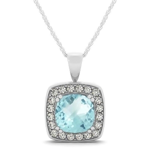 Aquamarine and Diamond Halo Cushion Pendant Necklace 14k White Gold 1.46ct - All