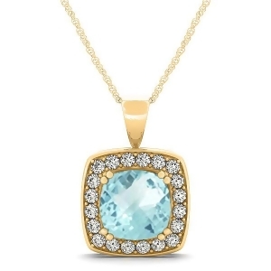 Aquamarine and Diamond Halo Cushion Pendant Necklace 14k Yellow Gold 1.46ct - All