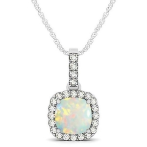 Opal and Diamond Halo Cushion Pendant Necklace 14k White Gold 1.55ct - All