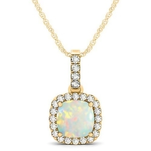 Opal and Diamond Halo Cushion Pendant Necklace 14k Yellow Gold 1.55ct - All