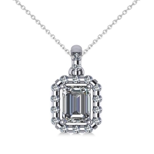 Emerald-cut Diamond Halo Pendant Necklace 14k White Gold 1.30ct - All