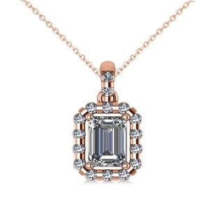 Emerald-cut Diamond Halo Pendant Necklace 14k Rose Gold 1.30ct - All