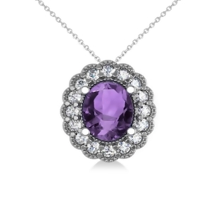Amethyst and Diamond Floral Oval Pendant 14k White Gold 2.98ct - All
