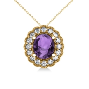 Amethyst and Diamond Floral Oval Pendant 14k Yellow Gold 2.98ct - All