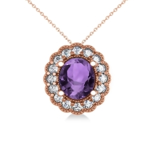 Amethyst and Diamond Floral Oval Pendant 14k Rose Gold 2.98ct - All