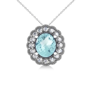 Aquamarine and Diamond Floral Oval Pendant 14k White Gold 2.98ct - All