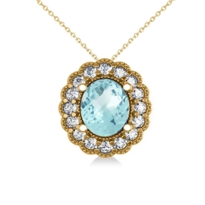 Aquamarine and Diamond Floral Oval Pendant 14k Yellow Gold 2.98ct - All