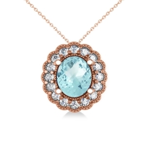 Aquamarine and Diamond Floral Oval Pendant 14k Rose Gold 2.98ct - All
