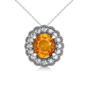 Citrine and Diamond Floral Oval Pendant 14k White Gold 2.98ct - All