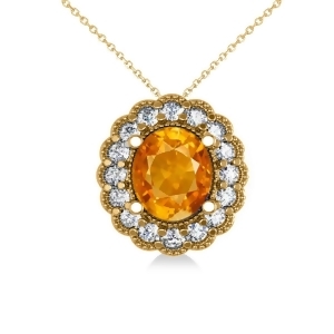 Citrine and Diamond Floral Oval Pendant 14k Yellow Gold 2.98ct - All