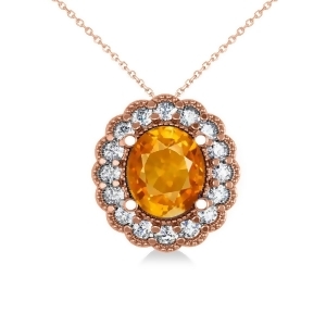 Citrine and Diamond Floral Oval Pendant 14k Rose Gold 2.98ct - All