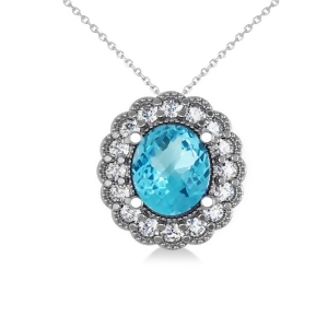 Blue Topaz and Diamond Floral Oval Pendant 14k White Gold 2.98ct - All