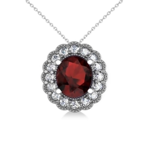 Garnet and Diamond Floral Oval Pendant 14k White Gold 2.98ct - All