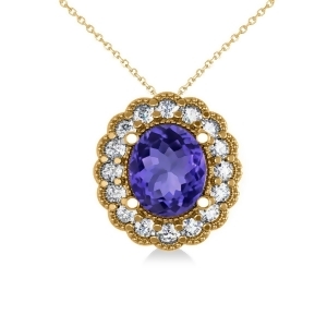 Tanzanite and Diamond Floral Oval Pendant 14k Yellow Gold 2.98ct - All