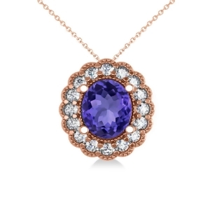 Tanzanite and Diamond Floral Oval Pendant 14k Rose Gold 2.98ct - All