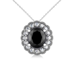 Black Diamond and Diamond Floral Oval Pendant 14k White Gold 2.48ct - All