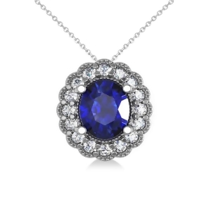 Blue Sapphire and Diamond Floral Oval Pendant 14k White Gold 2.98ct - All