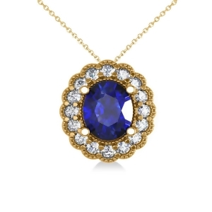 Blue Sapphire and Diamond Floral Oval Pendant 14k Yellow Gold 2.98ct - All