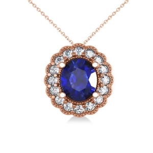 Blue Sapphire and Diamond Floral Oval Pendant 14k Rose Gold 2.98ct - All