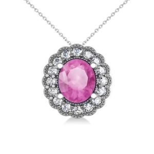 Pink Sapphire and Diamond Floral Oval Pendant 14k White Gold 2.98ct - All