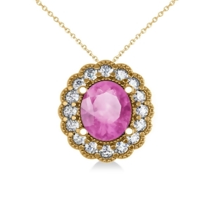 Pink Sapphire and Diamond Floral Oval Pendant 14k Yellow Gold 2.98ct - All