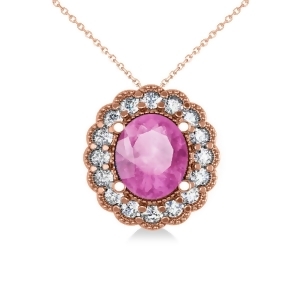 Pink Sapphire and Diamond Floral Oval Pendant 14k Rose Gold 2.98ct - All