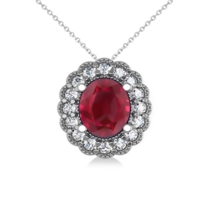 Ruby and Diamond Floral Oval Pendant 14k White Gold 2.98ct - All