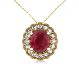 Ruby and Diamond Floral Oval Pendant 14k Yellow Gold 2.98ct - All