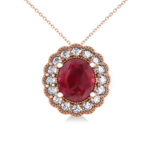 Ruby and Diamond Floral Oval Pendant 14k Rose Gold 2.98ct - All