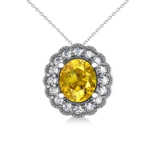 Yellow Sapphire and Diamond Floral Oval Pendant 14k White Gold 2.98ct - All