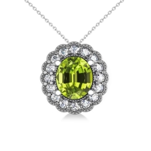 Peridot and Diamond Floral Oval Pendant 14k White Gold 2.98ct - All