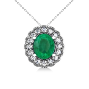 Emerald and Diamond Floral Oval Pendant 14k White Gold 2.98ct - All