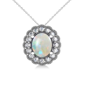 Opal and Diamond Floral Oval Pendant 14k White Gold 2.98ct - All