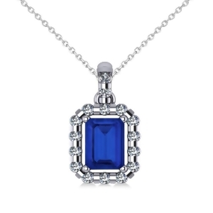 Diamond and Emerald Cut Blue Sapphire Halo Pendant 14k White Gold 1.39ct - All