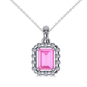 Diamond and Emerald Cut Pink Sapphire Halo Pendant 14k White Gold 1.39ct - All