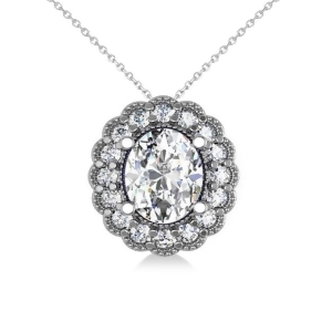 Diamond Floral Oval Halo Pendant Necklace 14k White Gold 2.48ct - All