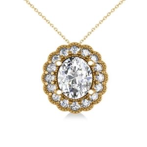 Diamond Floral Oval Halo Pendant Necklace 14k Yellow Gold 2.48ct - All