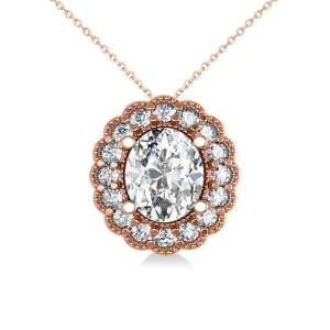 Diamond Floral Oval Halo Pendant Necklace 14k Rose Gold 2.48ct - All