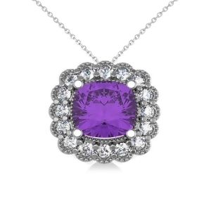 Amethyst and Diamond Floral Cushion Pendant 14k White Gold 2.48ct - All