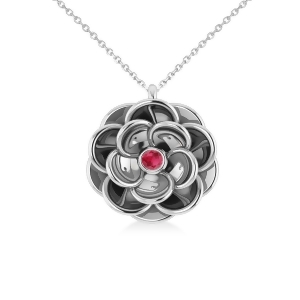 Ruby Round Flower Pendant Necklace 14k White Gold 0.05ct - All