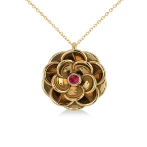 Ruby Round Flower Pendant Necklace 14k Yellow Gold 0.05ct - All